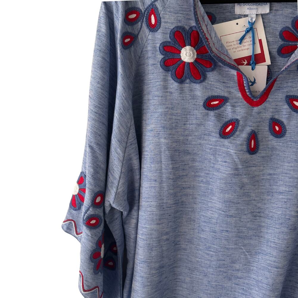 Mi Golondrina Blue and Red Floral Embroidered Long Sleeve Mini Dress Size XL - Picture 7 of 9